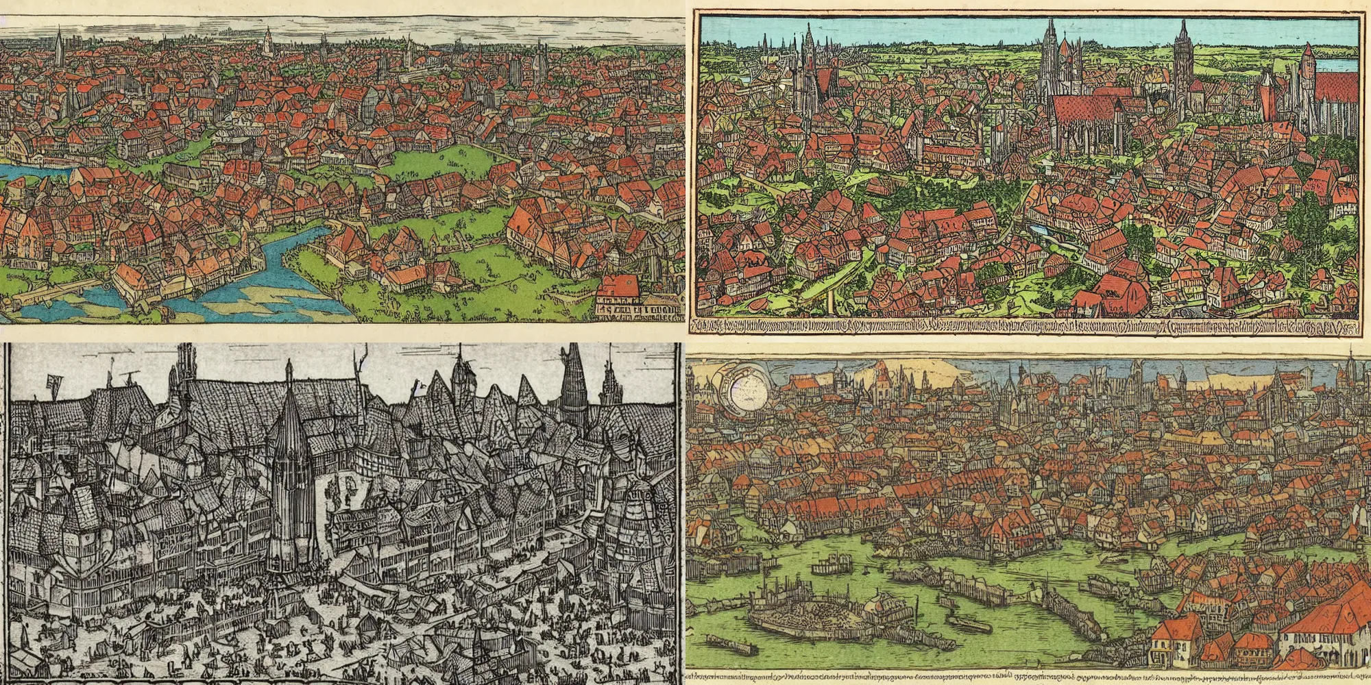 Prompt: a coloured woodcut of nuremberg from the nuremberg chronicle by michael wolgemut, albrecht durer, low - angle view, coloured woodcut