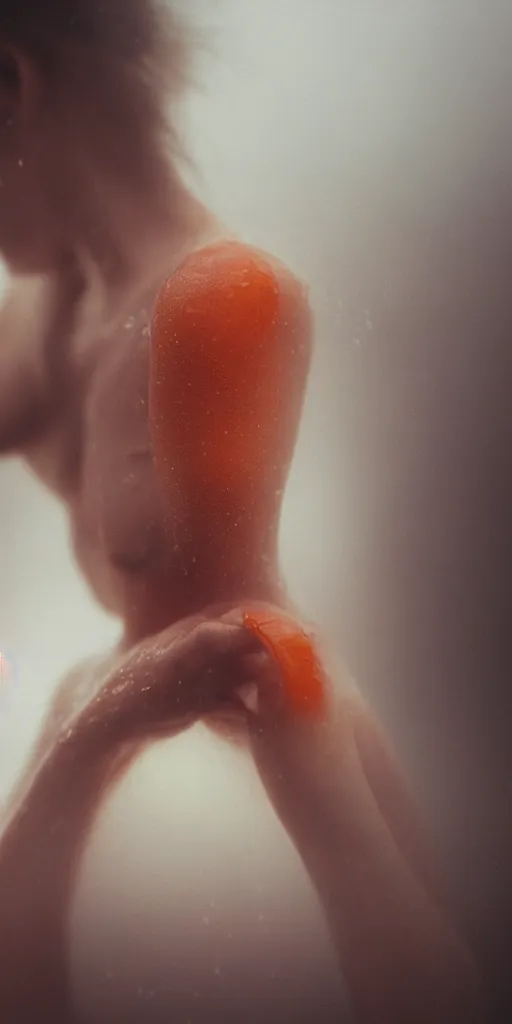Prompt: a blurry closeup picture of woman's skin gripped tightly, female bodies, hands, dripping wet, macro photography, long exposure photograph, surrealism, anamorphic bokeh, cozy, soft light, cyan and orange, caustic, atmospheric fog, octane render, cinematic