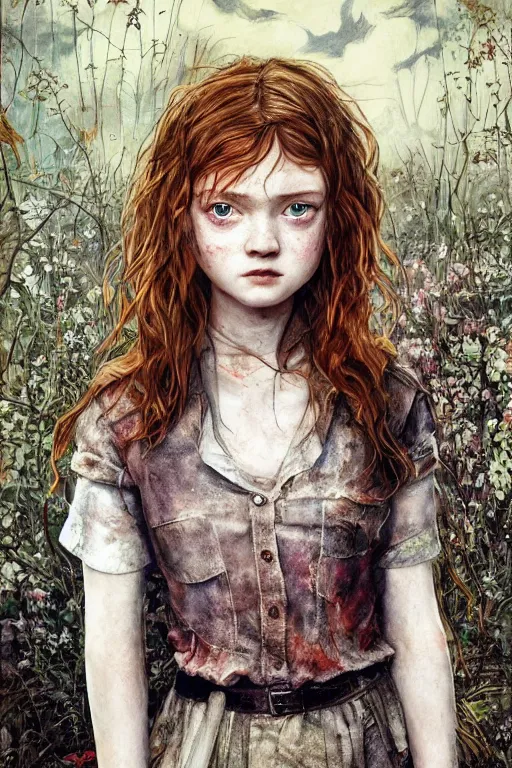 Image similar to sadie sink in the role of ellie in the last of us, dirt, fashion, fantasy, art by ayami kojima, vasnetsov, cedric peyravernay