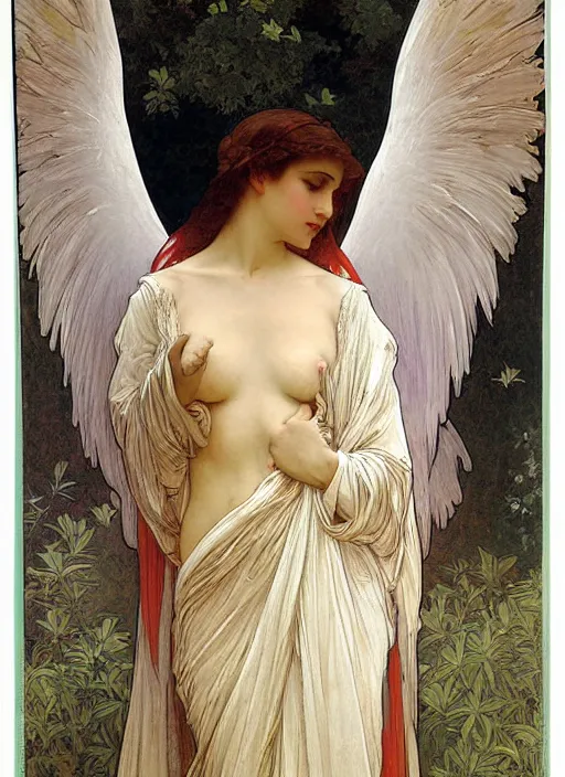 Image similar to painting of a beautifully robed angel with huge white feather wings, intricate, elegant, hyperdetailed, by alphonse mucha and william - adolphe bouguereau and john william waterhouse