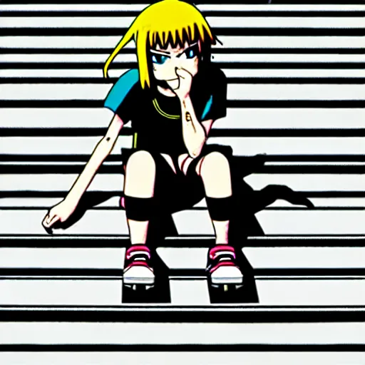 Image similar to skater girl sitting on steps by scott pilgrim, by bryan lee o'malley, tank girl, muted colors anime