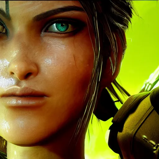 Prompt: dew, dew covers lara croft's face, focus on her face, sunlight, bloom effect