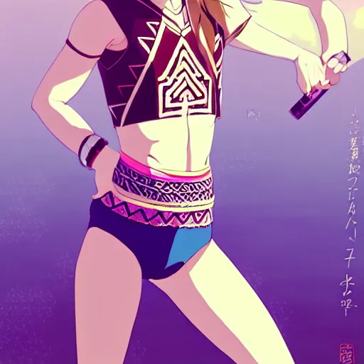 Image similar to a beautiful boyish emma watson alluring instagram model, wearing japanese hiphop aztec leotard outfit with mayan pattern and native style, aztec street fashion bathing suit, botw style, gapmoe yandere grimdark, trending on pixiv fanbox, painted by greg rutkowski makoto shinkai takashi takeuchi studio ghibli, akihiko yoshida