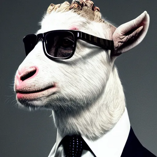 Prompt: front portrait of a big brained goat in a suit wearing glasses punk hair hd, high resolution, annie leibovitz