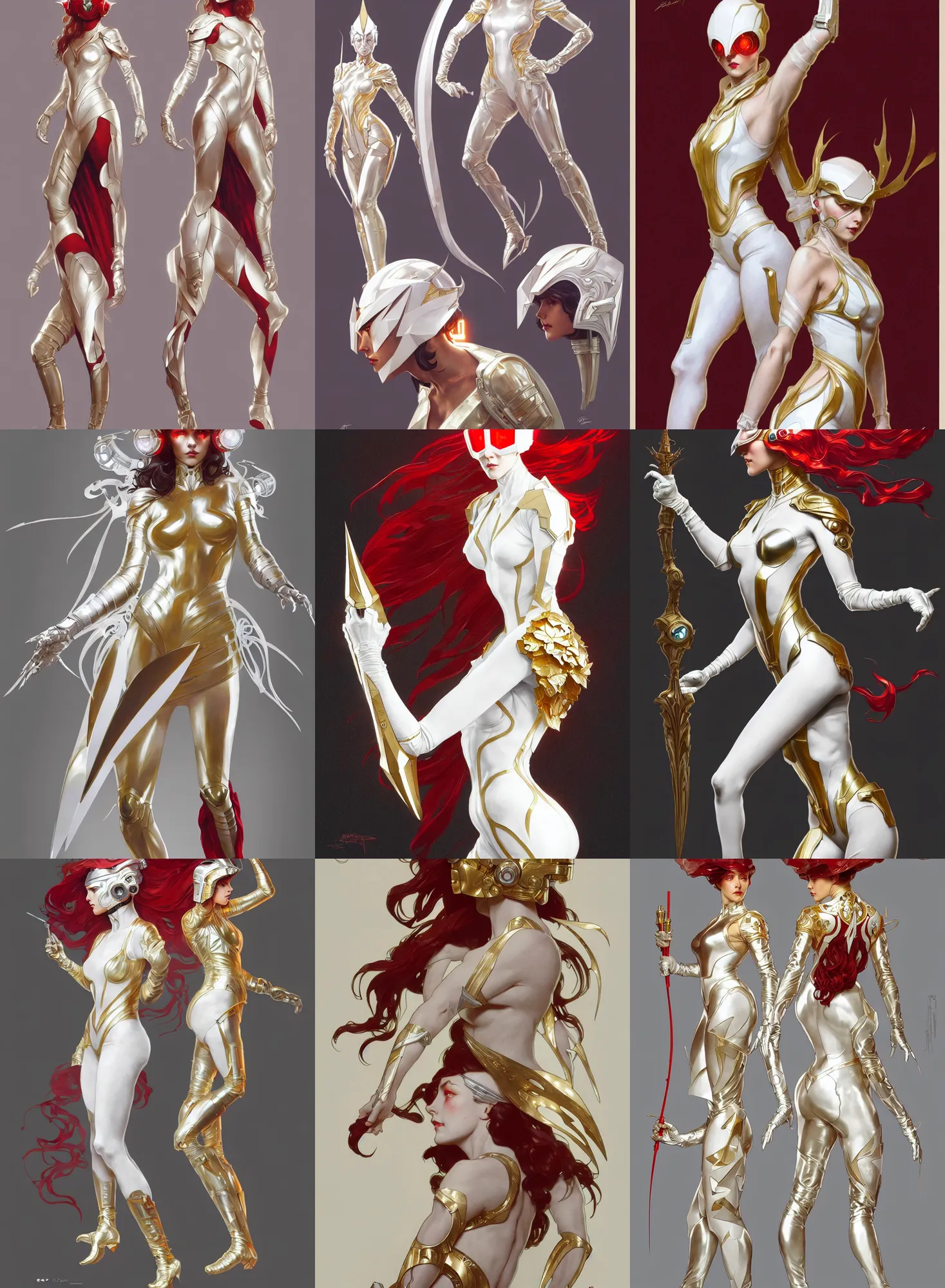 Prompt: a full body character design by artgerm, greg rutkowski and alphonse mucha. sci - fi dagger. white, gold and red translucent plastic tape project show attctive showgirl!! sci - fi helmet!! sharp edges. contour light effect!!. ultra detailed, elegant, intricate, octane render.