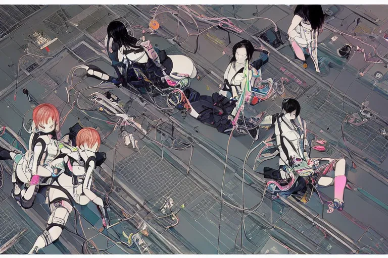 Image similar to a cyberpunk illustration of a group of four coherent cutely dressed female androids in style of masamune shirow, lying scattered across an empty, white floor with their bodies rotated in different poses and cables and wires coming out, by yukito kishiro and katsuhiro otomo, hyper-detailed, intricate, view from above, colorful