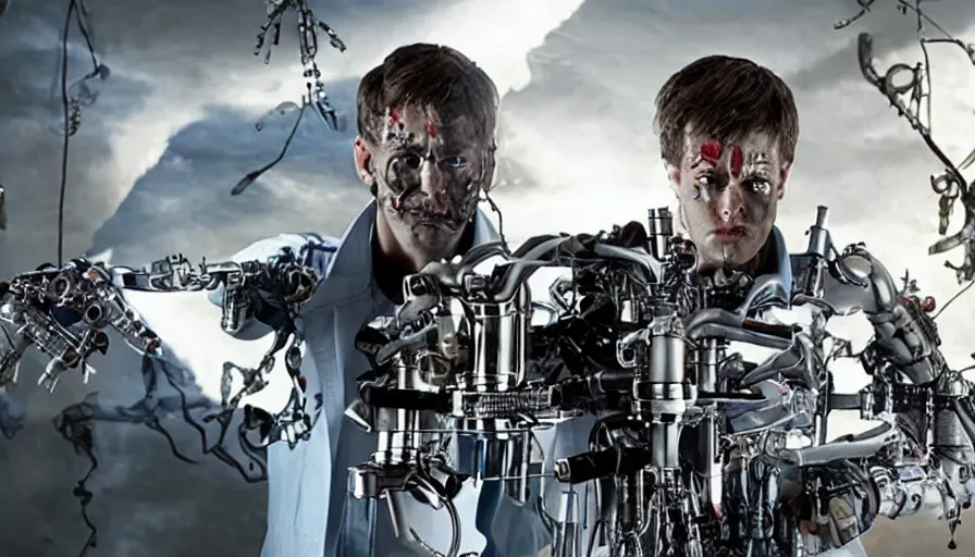 Prompt: big budget action movie about science lab with a demonic battle cyborg