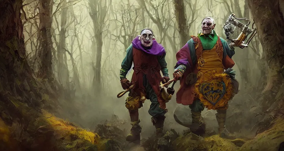 Prompt: robert de niro as medieval joker, crazy colorful clothing with a heavy golden mace in his left hand and a beer jug in his right hand, wandering through a forbidden forest, trending on artstation, 8k hyperrealistic, style of peter mohrbacher, octane render, unreal engine