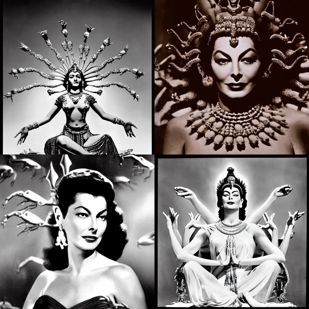 Prompt: sequence of a film with ava gardner playing the role of shiva. ava gardner is seated and floating in the sky. ava gardner has eight arms and use her eight arms to manipulate several objects. ava gardner is shiva. cinematic, 5 0 mm, highly intricate, award - winning photography, black and white, contrasted