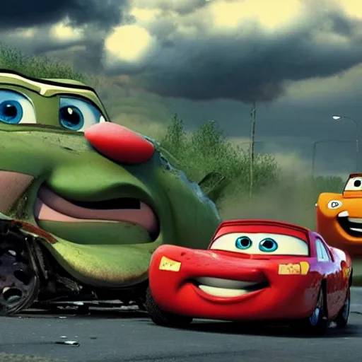 Image similar to a still from a gritty remake of cars, where lightning mcqueen gets into a greusome car accident with tow mater. rendered in 4 k with presto animation software.