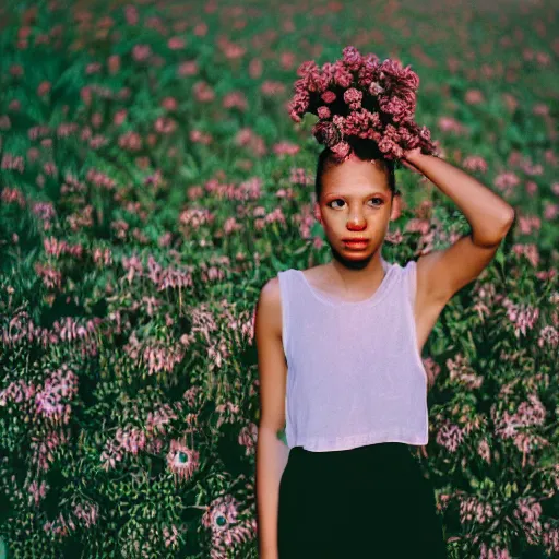 Prompt: realistic photoshoot for a lookbook, color film photography, portrait of a beautiful woman in style of tyler Mitchell, person has a flower in her hair, 35mm, graflex