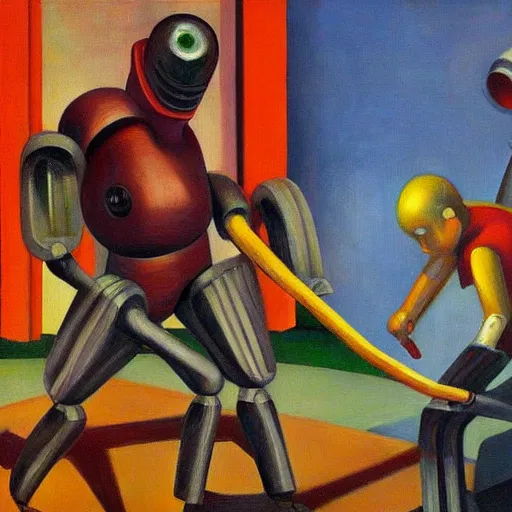 Image similar to robot tug of war, dystopian, pj crook, edward hopper, oil on canvas