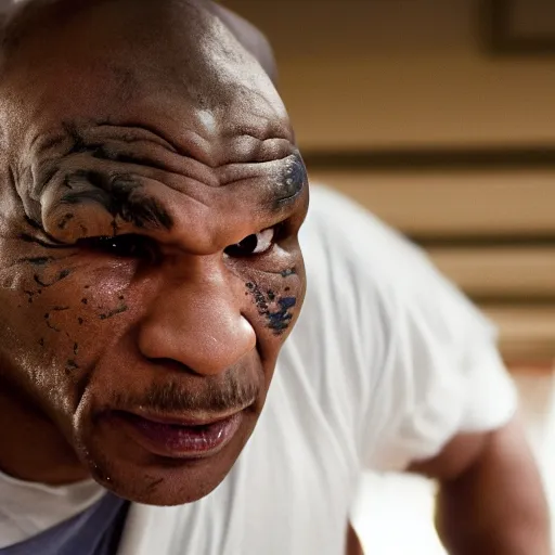 Image similar to a cinematic film still of Mike Tyson starring in The Shining, portrait, 40mm lens, shallow depth of field, close up, split lighting, cinematic