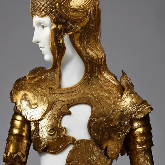 Prompt: a white art nouveau marble and gold head and torso sculpture of a worried young millie bobby brown with long, flowing hair, wearing intricate gold plate armor on her chest, delicate, intricate, smooth, beautiful, by charles van der stappen