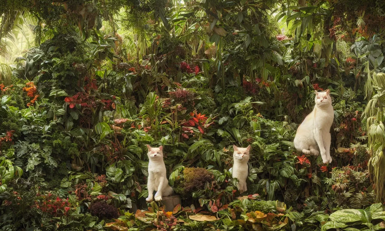 Image similar to a portrait of a cat sitting amongst big tropical plants, painting by James C. Christensen, by Tomasz Alen Kopera, by Raphael, by Caravaggio, 8K, rendered in Octane, cinematic, 3D, volumetric lighting, highly detailed, photorealistic, hyperrealism