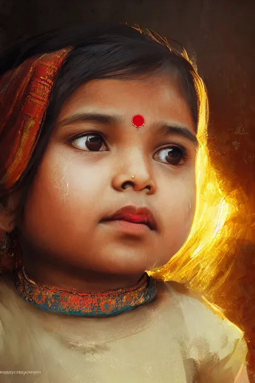 Image similar to hindu little girl, joyful, close - up portrait, intricate, elegant, volumetric lighting, scenery, digital painting, highly detailed, artstation, sharp focus, illustration, concept art, ruan jia, steve mccurry