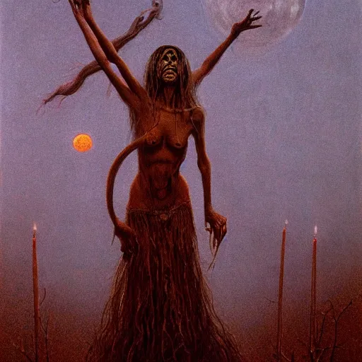 Image similar to occult witch hailing the full moon in a satanistic ritual, dark, mysticism, highly detailed, beksinski, 8 k, ultra high quality, cinematic lighting, dramatic, elegant, hyper realistic, zen