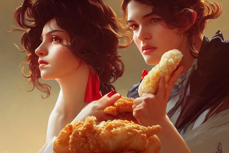 Image similar to kfc chicken, portrait, elegant, intricate, digital painting, artstation, concept art, smooth, sharp focus, illustration, art by artgerm and greg rutkowski and alphonse mucha