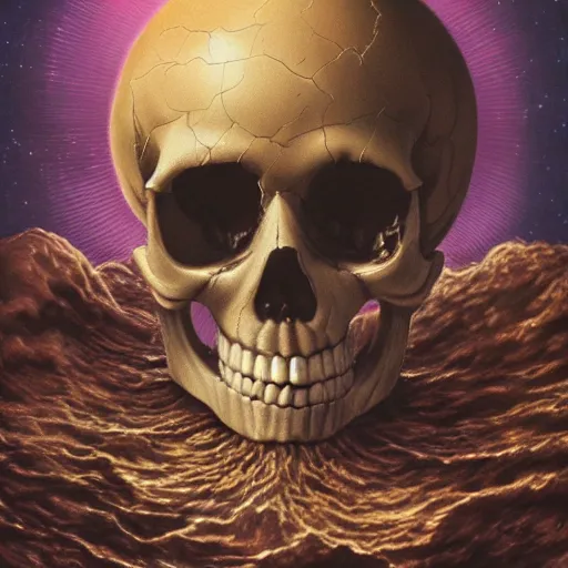 Prompt: ultrarealistic comic painting of a skull face Jesus Christ with the earth sphere in background, drowning into thermonuclear blast mushroom, praying for peace