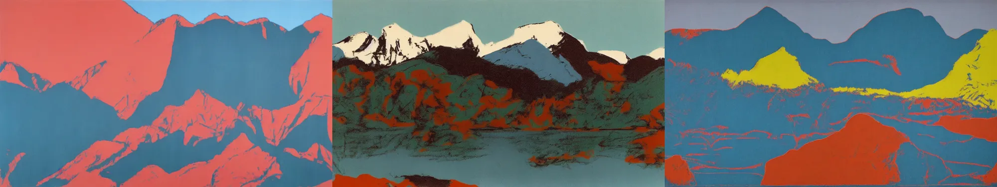 Prompt: lakeside mountains, by andy warhol