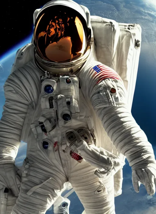 Image similar to Gorgeous NASA astronaut in space, cel-shaded, detailed, focused. Cinematic, hyper realism, realistic proportions, dramatic lighting, high detail 4k