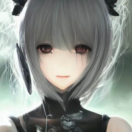 Image similar to beautiful portrait of 2B from nier automata, forest, junkyard, pretty, semi realistic anime, hyper detailed, 8k, DeviantArt, Instagram, Behance, Artstation, trending on artstation, Pixiv, Pixiv daily ranking, art of silverfox, Yee Chong Silverfox, Sydney Hanson, Mickael Lelièvre, Jaeyeon Nam, derevschikova, Elina Karimova