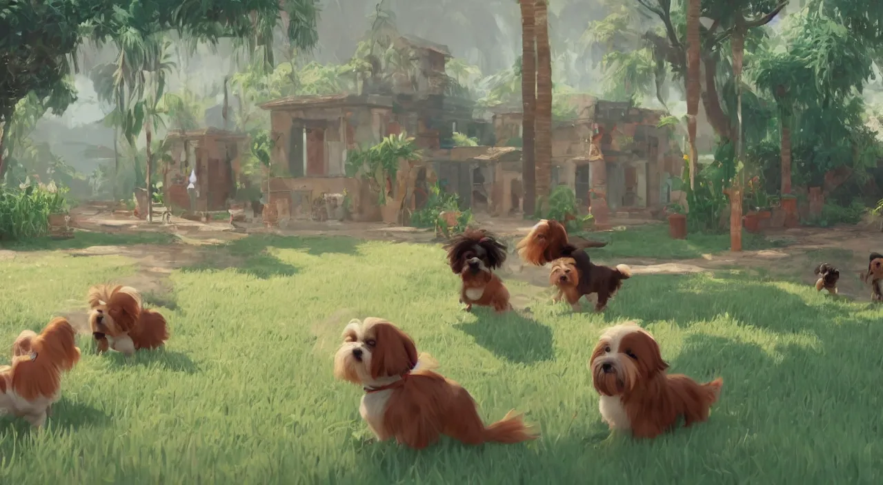 Image similar to havanese dogs playing in a cuba hacienda, 1 9 0 0, genndy tartakovsky, atey ghailan, goro fujita, studio ghibli, rim light, morning lighting, clear focus, very coherent