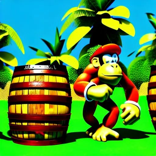 Prompt: Donkey Kong and Diddy Kong surrounded by tropical trees and barrels, 3D render