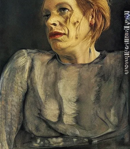 Image similar to a high quality, high detail, portrait of a drag queen by andrew wyeth and lucian freud, moody, melancholic