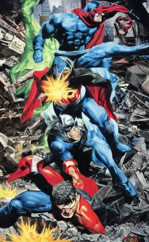 Prompt: defeated super hero in the rubble of a building by alex ross and boris vallejo