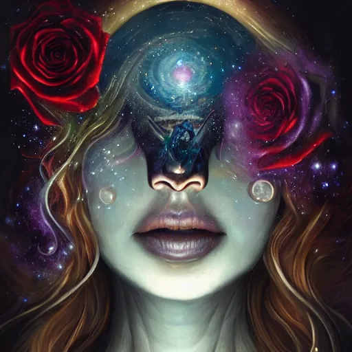 Image similar to Very very very very highly detailed mystic, enigmatic, strange portrait with galaxy, roses, shark's teeth by Brooke Shaden, intricate, extremely detailed, digital painting, artstation, concept art, smooth, sharp focus, illustration, intimidating lighting, incredible art,