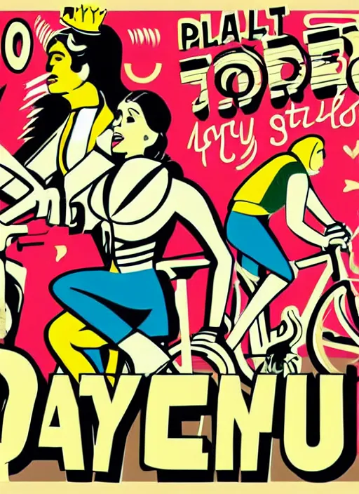 Image similar to Party poster illustration: Moustache, 40th birthday, 70s disco, jumpsuits, bicycle, Egypt in the style of Roy Lichtenstein