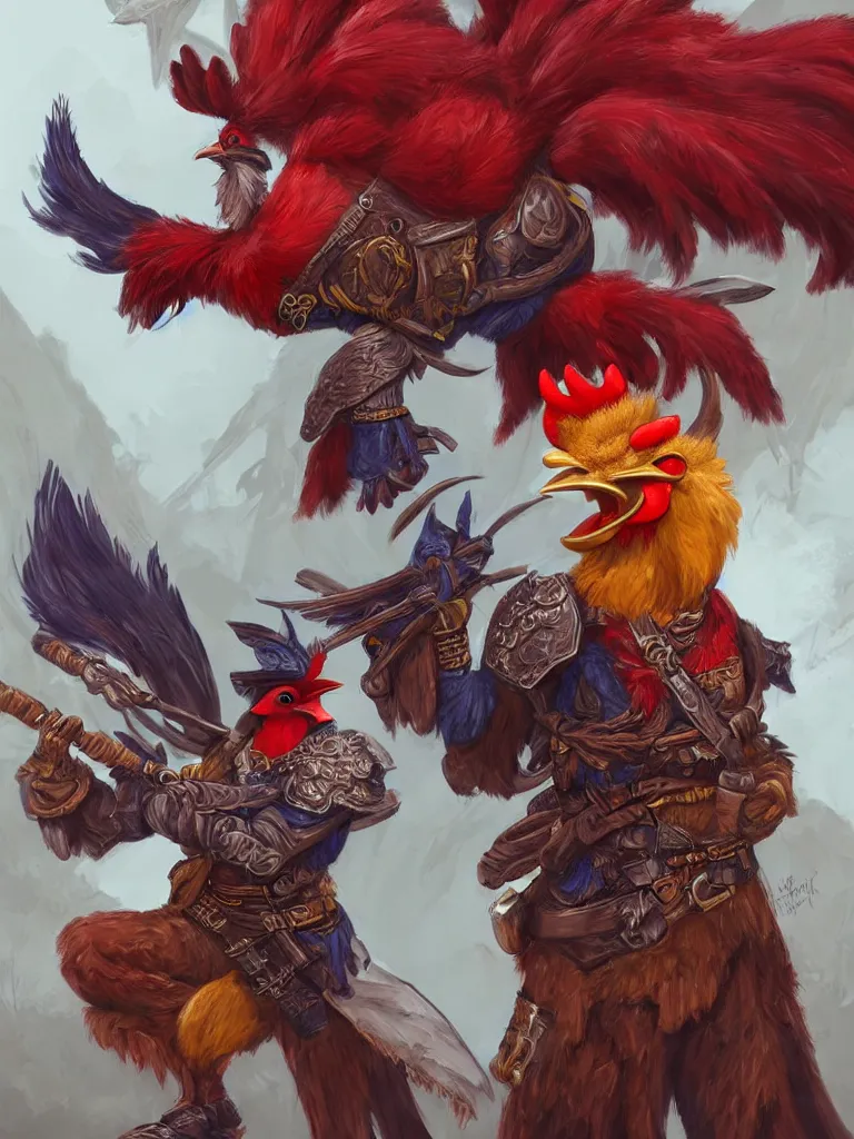 Image similar to anthropomorphic rooster man dressed as a fantasy ranger by alex horely orlandelli, fantasy, artstation, d & d, smooth, illustration