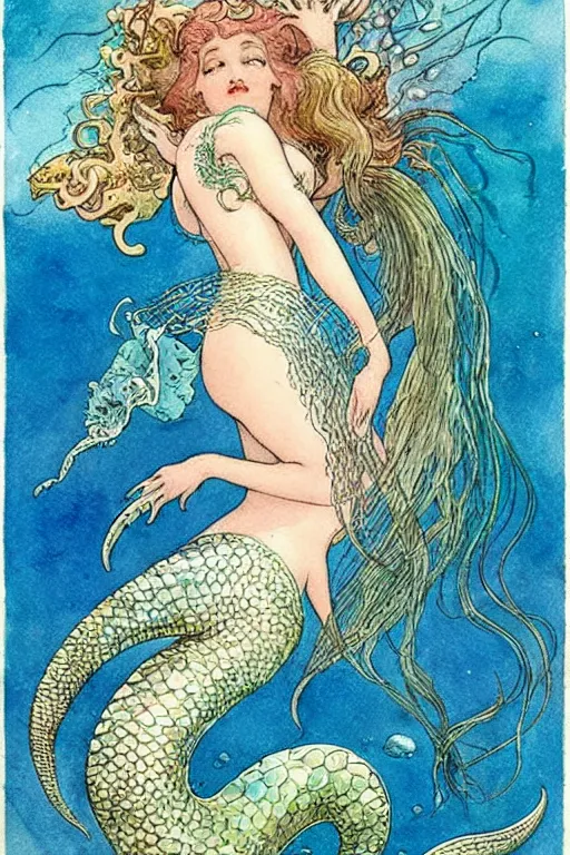 Prompt: mermaid with two eel tails underwater, fantasy art, trending on artstation, little mermaid fairytale, art by hans zatzka and walter crane and kay nielsen, watercolor illustration,