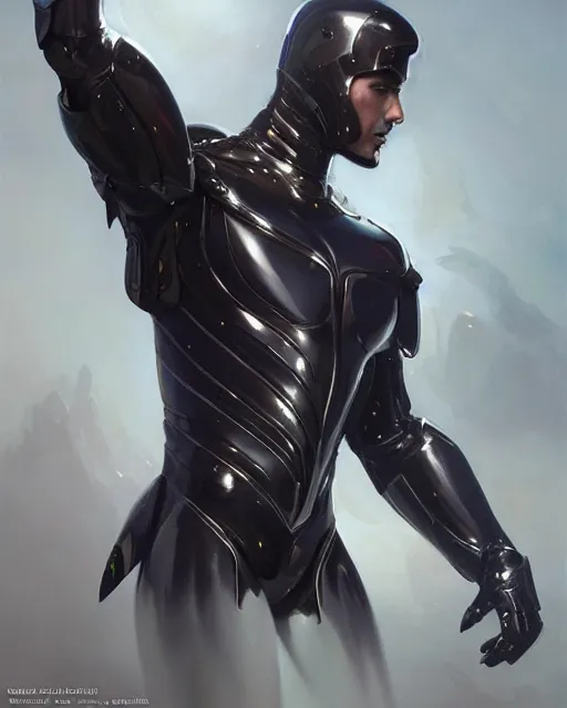 Image similar to iridescent wiry muscular male smooth sleek glossy black pearlescent scifi armor, by greg rutkowski and mark brookes and jim burns and tom bagshaw and magali villeneuve, trending on artstation