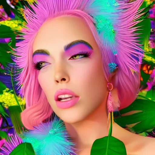 Prompt: a divine feminine woman, pink hair, rosey cheeks, sparkles on eyelids, surrounded by lush flowers and feathers in bright abstract colours, ultra realistic digital painting, artstation, concept art, pop, smooth, sharp focus, illustration, art by dean corwell 3 d 8 k ultra detailed