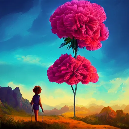 Image similar to giant carnation flower as a head, girl hiking in a canyon, surreal photography, sunrise, dramatic light, impressionist painting, colorful clouds, digital painting, artstation, simon stalenhag