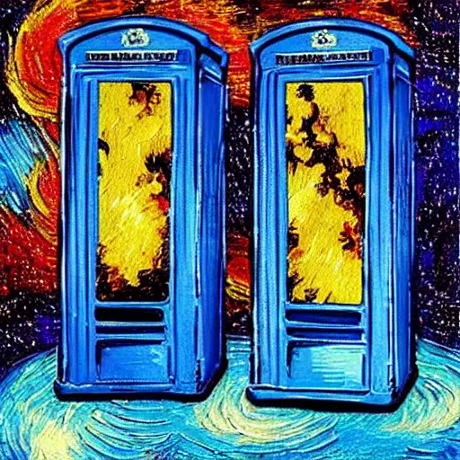 Image similar to a blue english phone booth exploding in space, impressionism, in the style of van gogh