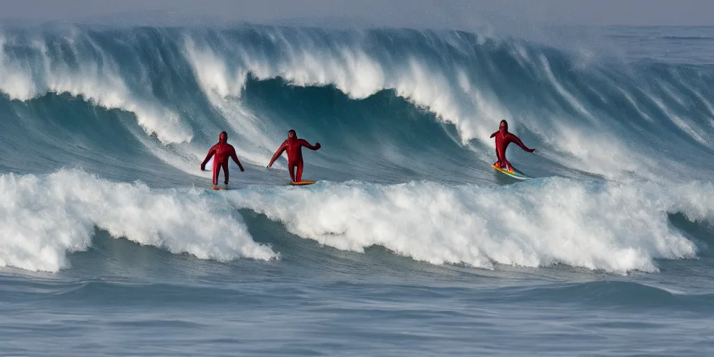 Image similar to devil worshippers in robes belonging to the cult of the ocean surfing in waves, standing on surfboards, surfing inside one large barreled wave, high detailed colors, blue