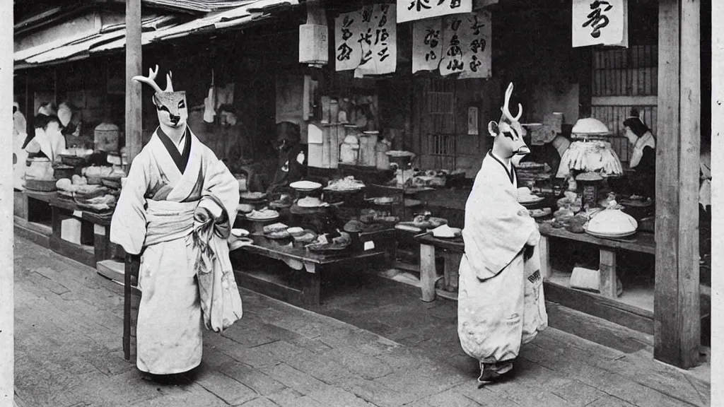 Image similar to 1 8 th century japanese street market in kyoto 1 9 0 0 s early photography portrait anthro anthropomorphic deer head animal person fursona wearing clothes street trader