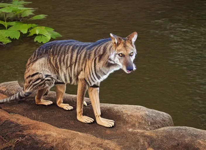 Image similar to photo of a thylacine, ‘Tasmanian ((tiger))’, thylacine, detailed fur, long thin tail, long snout, small eyes, drinking water from a lake, Australia, HD, National Geographic,