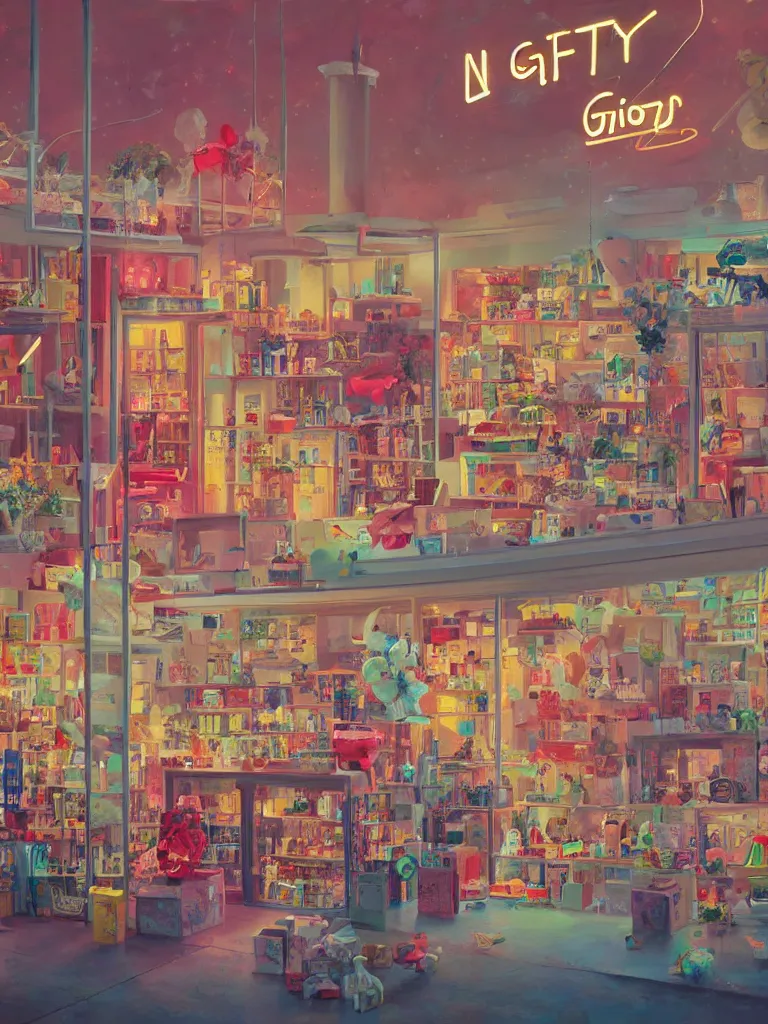 Prompt: a contemporary painting of a gift shop with many small gift boxes and presents with bows and ribbons neon signs in a painting from stalenhag 4 k 8 k hdr artstation concept art