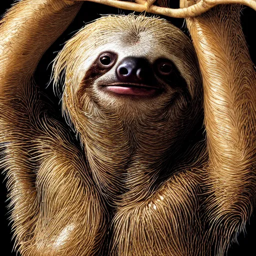 Image similar to Portrait of a sloth with translucent skin, visible muscles and veins and arteries and bones and spines and nerves, beautiful detailed intricate insanely detailed octane render, 8k artistic photography, photorealistic, chiaroscuro, by David Cronenberg, Raphael, Caravaggio