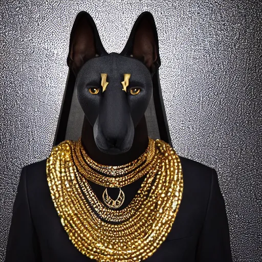 Prompt: portrait of Anubis wearing an elegant suit with a shiny gold necklace, looking at the camera, black background, studio light