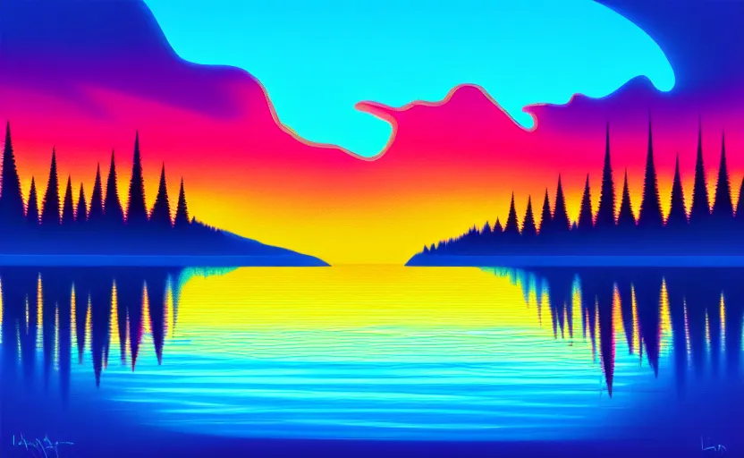 Image similar to beautiful award winning synthwave painting of a canadian lake, extreme detail, digital art, 4 k, ultra hd