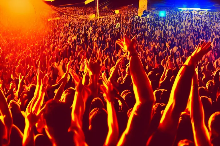 Prompt: a huge crowd partying with their hands up at a festival, silhouette, digital art, vivid colors, trending on artstation, 4k, unreal engine, intricate, ornate