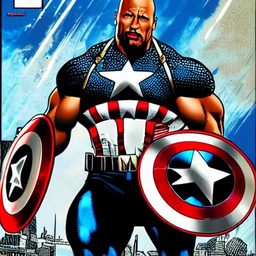 Prompt: dwayne johnson as captain america posing for a cover of a comic book, in the style of a colored comic book, highly detailed, precise, high definition