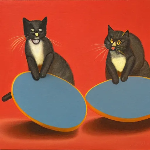 Image similar to Two cats playing ping pong on orange background, oil painting