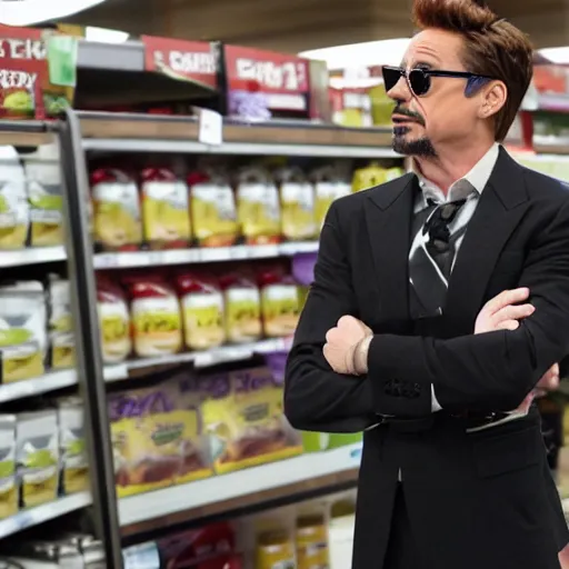 Image similar to robert downey jr. as tony stark working at kroger