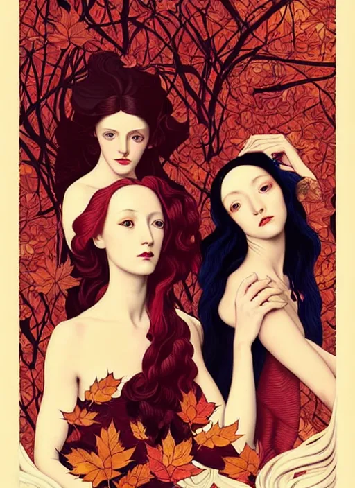 Image similar to 3 Autumn Muses symbolically representing September, October, and November, in a style blending Æon Flux, Peter Chung, Shepard Fairey, Botticelli, Ivan Bolivian, and John Singer Sargent, inspired by pre-raphaelite paintings, shoujo manga, and cool Japanese street fashion, dramatic autumn landscape, leaves falling, deep red gold and royal purple high contrast tones, hyper detailed, super fine inking lines, ethereal and otherworldly, 4K extremely photorealistic, Arnold render